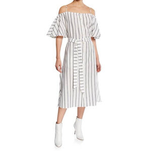 Palmer Harding Dress Tulum Cold Shoulder Linen Blend Belted Stripe Midi Flare, M